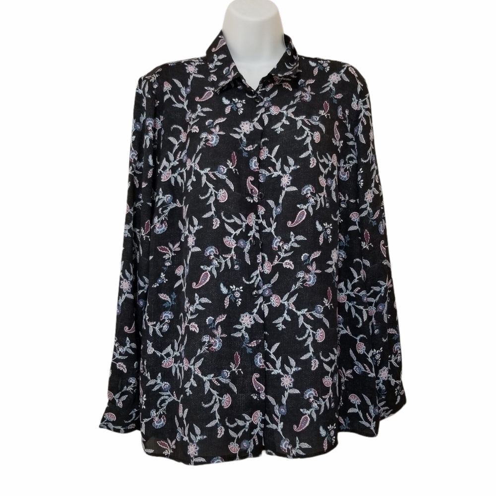 NWT Northern Reflections Black Floral Women's Polyester Top In A Size Large